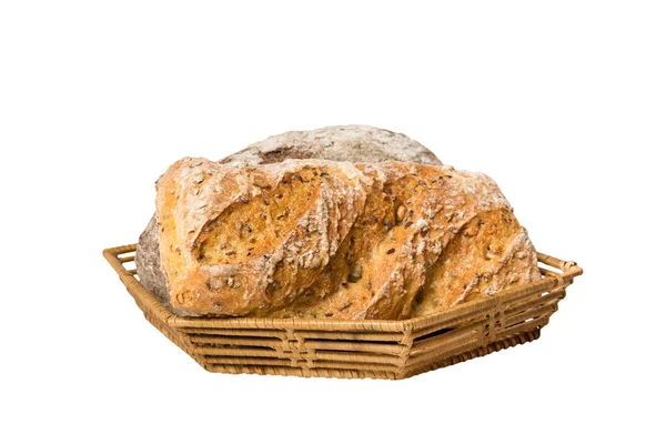 Vers Gebakken Brood Mand Tegen Natuurlijke Achtergrond Perspectief Uitzicht Brood — Stockfoto