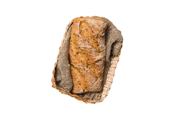 Frisch Gebackenes Brot Auf Korb Isoliert Auf Weißem Hintergrund Brotkopierplatz — Stockfoto