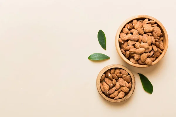 Fresh Healthy Almond Bowl Colored Table Background Top View — Foto Stock