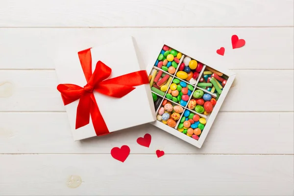 Valentine Day Composition Sweet Candy Gift Boxes Bow Red Felt — 스톡 사진