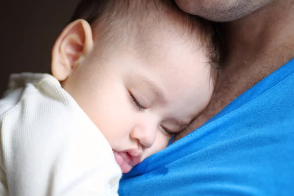 Cute Newborn Baby Sleeping Father Arms Close Loving Father Carries — Stock Photo, Image