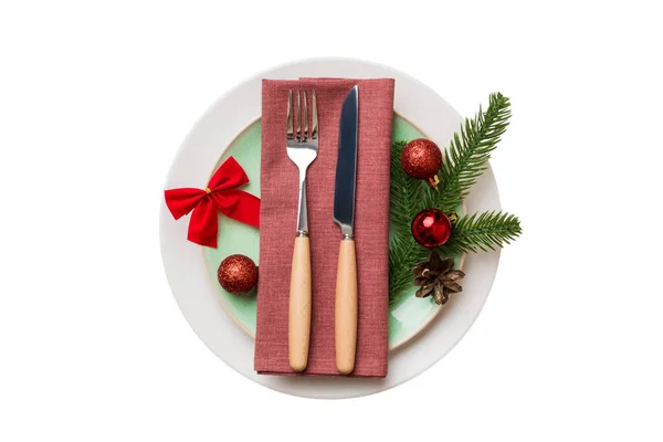 Placa Navidad Aislada Con Decoración Tenedor Cuchara Año Nuevo Fondo — Foto de Stock