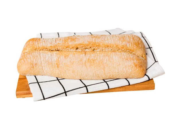 Nybakat Läckert Franskt Bröd Med Servett Isolerad Vit Bakgrund Ovanifrån — Stockfoto