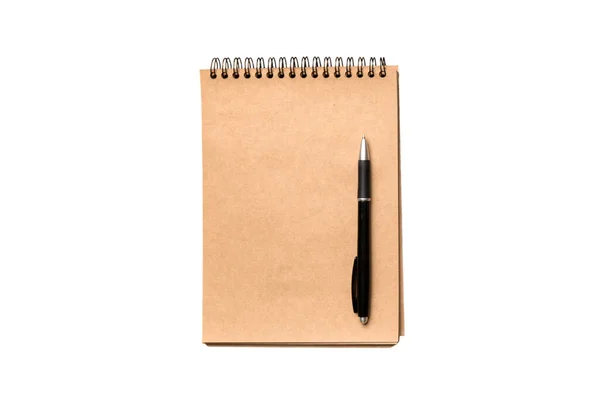 Top View Closed Spiral Blank Recycled Paper Cover Notebook Pencil — Stock Photo, Image