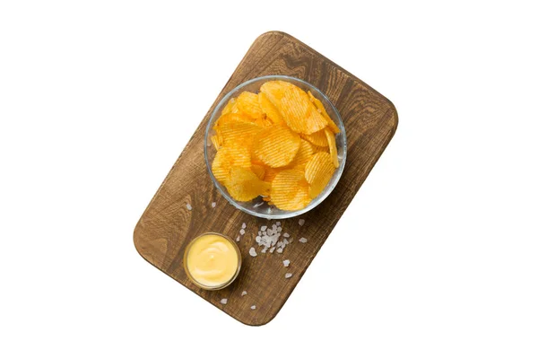 Chips Von Oben Mit Wurst Schüssel Isoliert Auf Weißem Hintergrund — Stockfoto