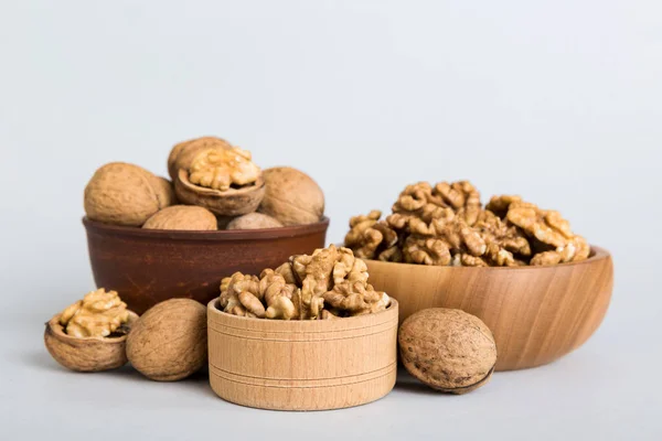 Fresh Healthy Walnuts Bowl Colored Table Background Top View Healthy — ストック写真