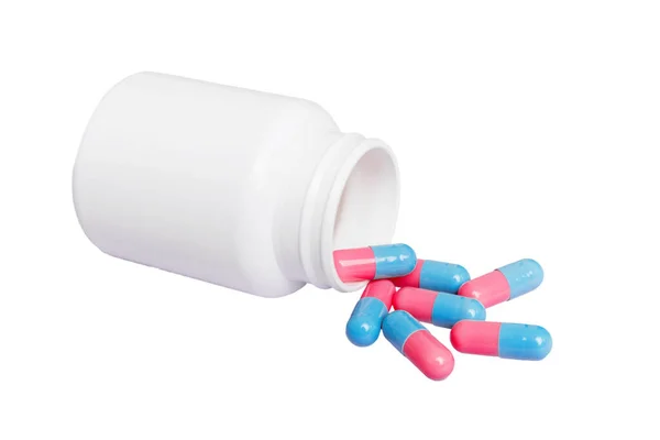 Witte Medicijnen Vloeien Uit Container Medicijn Witte Pil Fles Geïsoleerd — Stockfoto