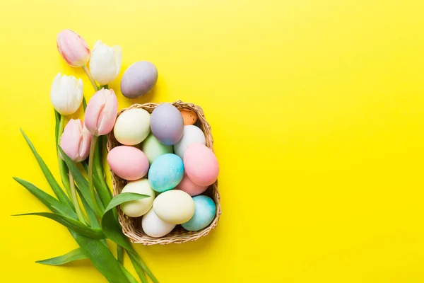 stock image Happy Easter composition. Easter eggs in basket on colored table with yellow Tulips. Natural dyed colorful eggs background top view with copy space.