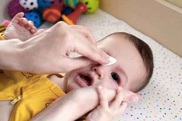 stock image babies and newborn hygiene and healthcare. Closeup of cleaning and washing baby face with soft cottong pad.