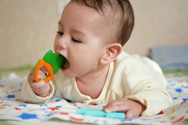 Cute Adorable Newborn Baby Playing Colorful Rattle Toy Baby Teether — Stock Photo, Image