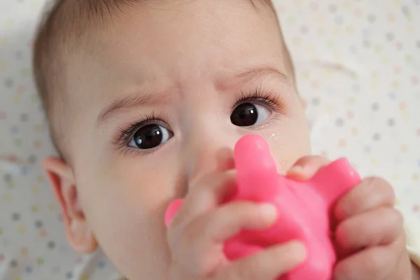 Cute Adorable Newborn Baby Playing Colorful Rattle Toy Baby Teether — Stock Photo, Image