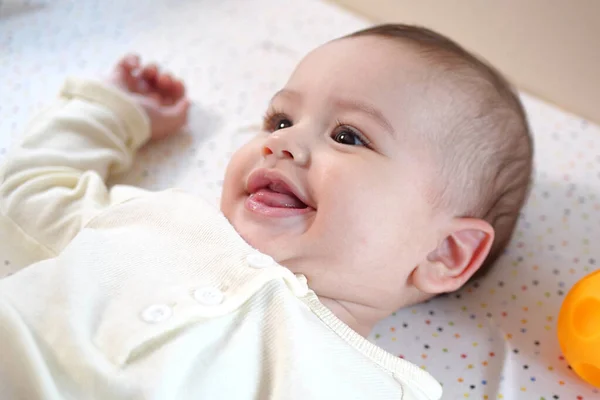 Happy Newborn Baby Makes Funny Face Portrait Crawling Baby His — Stock Photo, Image