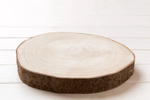 stock image Perspective view of wooden serving tray on cement background. Empty space for your design.