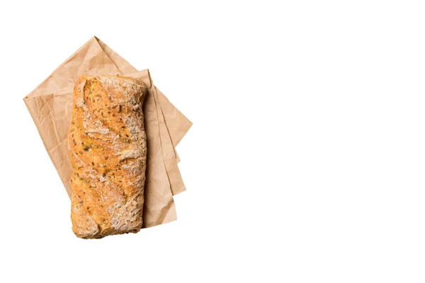 新鲜自制全麦面包 餐巾纸上的面包 白色背景 新鲜面包顶部视图 — 图库照片
