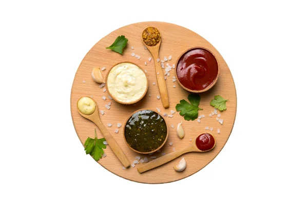 Many Different Sauces Herbs Table Flat Lay Top View Sauces — Stock Photo, Image