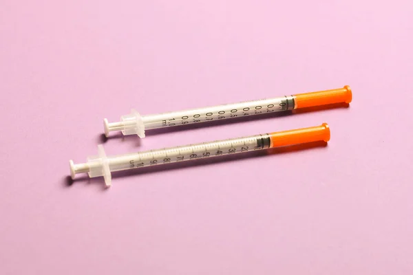 Top View Two Insulin Syringe Colorful Background High Level Glucose — Stockfoto