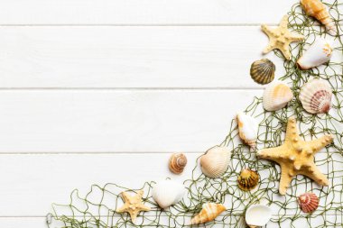 Yaz zamanı konsepti düz kompozisyon ile güzel deniz yıldızları ve deniz kabukları renkli tablo üzerinde yatıyordu, metin için metin alanı ile üst görünüm.