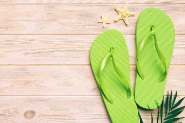 Renkli arka planda parmak arası terlikleri ve deniz kabuğu olan düz bir kompozisyon. Metin üstü görünümü için boşluk.