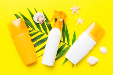 Güneş kremi şişesi. Güneş korumalı krem ve tropik yeşil yapraklı deniz kabukları olan bir şişe..