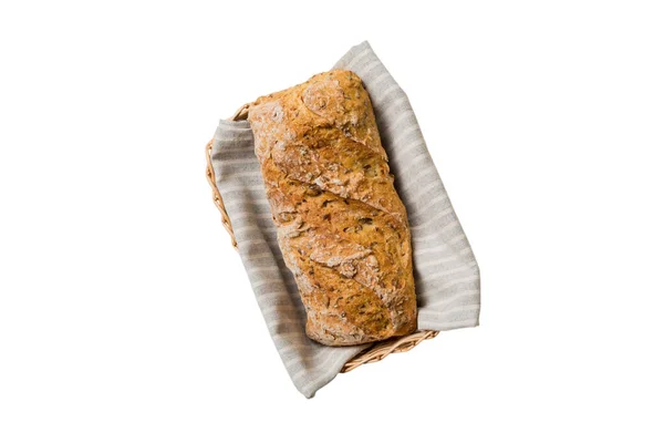 新烘焙的面包放在篮子上 白色背景隔离 顶部视图面包复制空间 — 图库照片