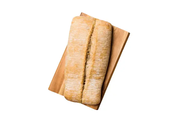 Φρεσκοψημένο Ψωμί Ξύλο Κοπής Που Απομονώνεται Λευκό Φόντο Τοπ Προβολή — Φωτογραφία Αρχείου