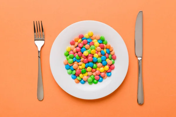 Cutlery Table Sweet Plate Candy Health Obesity Concept Top View — Zdjęcie stockowe