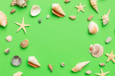 Yaz zamanı konsepti düz kompozisyon ile güzel deniz yıldızları ve deniz kabukları renkli tablo üzerinde yatıyordu, metin için metin alanı ile üst görünüm.