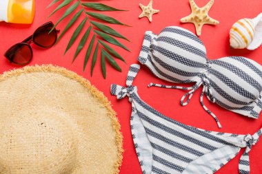 Kadın mayo ve plaj aksesuarları renkli arka plan yaz seyahati konseptine düz bir görünüm kazandırıyordu. Bikini mayo, hasır şapka ve deniz topuklu ayakkabı. Üst görünümü kopyala.