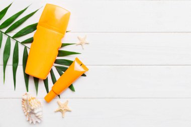 Güneş kremi şişesi. Güneş korumalı krem ve tropik yeşil yapraklı deniz kabukları olan bir şişe..