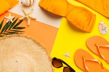 Kadın mayo ve plaj aksesuarları renkli arka plan yaz seyahati konseptine düz bir görünüm kazandırıyordu. Bikini mayo, hasır şapka ve deniz topuklu ayakkabı. Üst görünümü kopyala.
