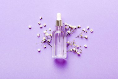 Serum, mikiler, tonik, losyon, su ve krem için süslü sağlık şişeleri. Doğal orantılı spa kozmetik konsepti. Model, şablon, Üst Görünüm.