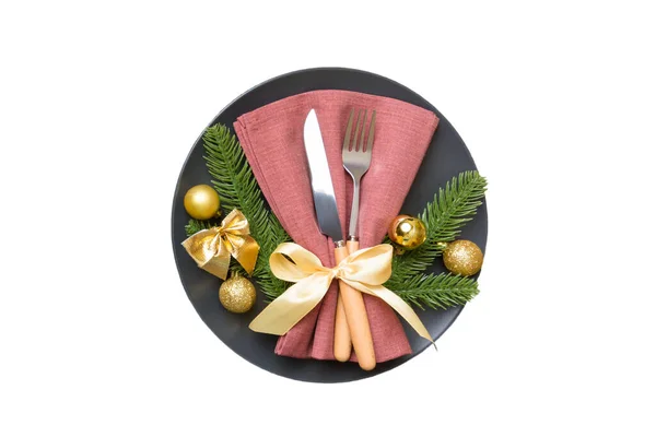 Placa Navidad Aislada Con Decoración Tenedor Cuchara Año Nuevo Fondo — Foto de Stock