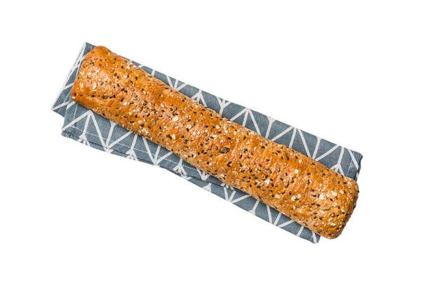 Vers Gebakken Heerlijk Frans Brood Met Servet Geïsoleerd Witte Achtergrond — Stockfoto
