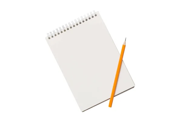 Top View Closed Spiral Blank White Paper Cover Notebook Pencil — Stock Photo, Image