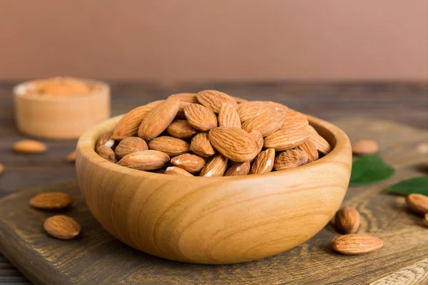 Fresh Healthy Almond Bowl Colored Table Background Top View — 图库照片