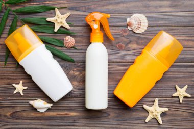 Güneş kremi şişesi. Güneş korumalı krem ve tropik yeşil yapraklı deniz kabukları olan bir şişe..