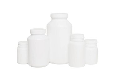 Beyaz arka plan üzerinde izole boş ilaç şişesi,