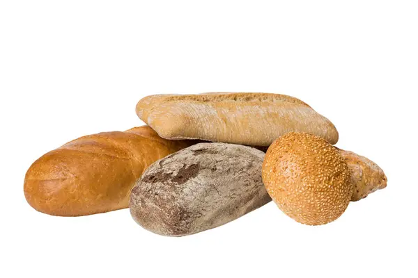 Yapımı Doğal Ekmek Beyaz Arkaplanda Izole Edilmiş Farklı Taze Ekmek — Stok fotoğraf