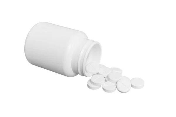 Białe Leki Wypływają Pojemnika Biała Butelka Leku Białym Tle — Zdjęcie stockowe