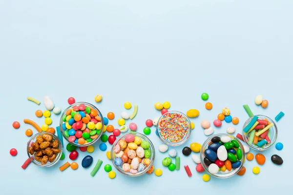 Different Colored Candy Bowl Jars Top View Large Variety Sweets — Stock Photo, Image