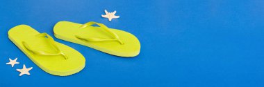 Plaj aksesuarları. Renkli arka planda parmak arası terlik ve denizyıldızı. Üst görünüm Kopyalama alanı ile modelle.