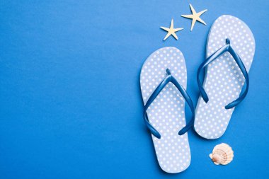 Renkli arka planda parmak arası terlikleri ve deniz kabuğu olan düz bir kompozisyon. Metin üstü görünümü için boşluk.