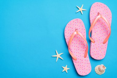 Renkli arka planda parmak arası terlikleri ve deniz kabuğu olan düz bir kompozisyon. Metin üstü görünümü için boşluk.