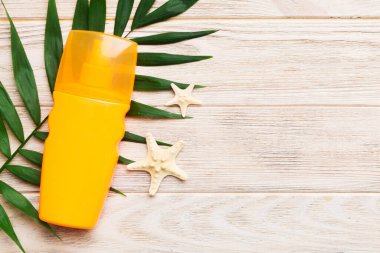 Güneş kremi şişesi. Güneş korumalı krem ve tropik yeşil yapraklı deniz kabukları olan bir şişe..