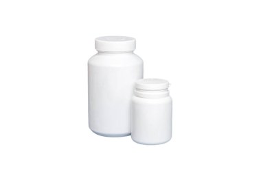 Beyaz arka plan üzerinde izole boş ilaç şişesi,