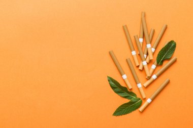 Renkli arka planda mentollü sigara ve taze nane yaprakları üst üste yığılmış pek çok sigara düz yatıyordu..