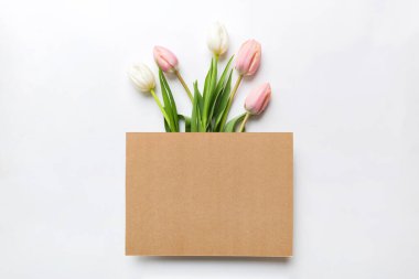 Boş kartlı kompozisyon ve renkli arka planda güzel çiçek lalesi. En üstteki görünüm boşluk desing için.