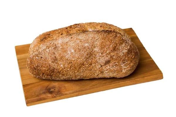 Frisch Gebackenes Brot Auf Schneidebrett Isoliert Auf Weißem Hintergrund Perspektivische — Stockfoto