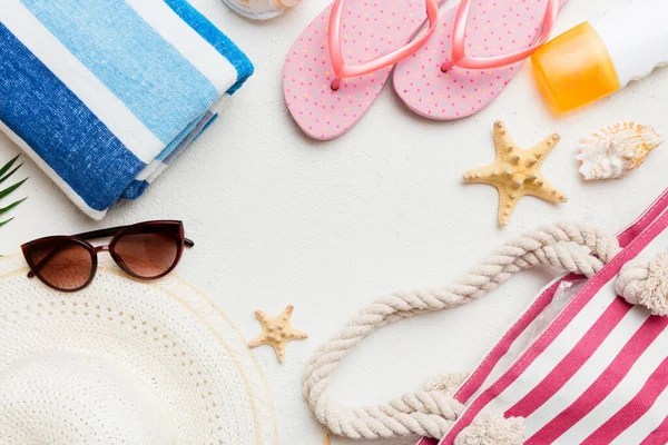 stock image Summer vacation concept flat lay. beach accessories and towel top view. Space for text. travel concept.