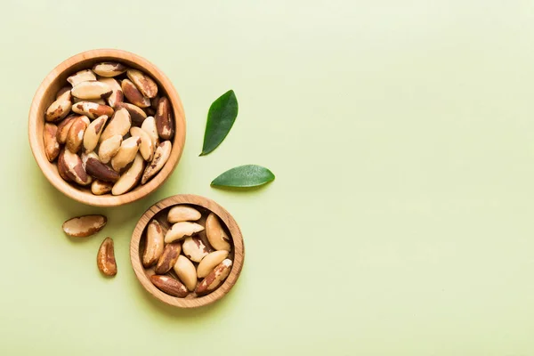 Fresh Healthy Brazil Nuts Bowl Colored Table Background Top View — Foto Stock